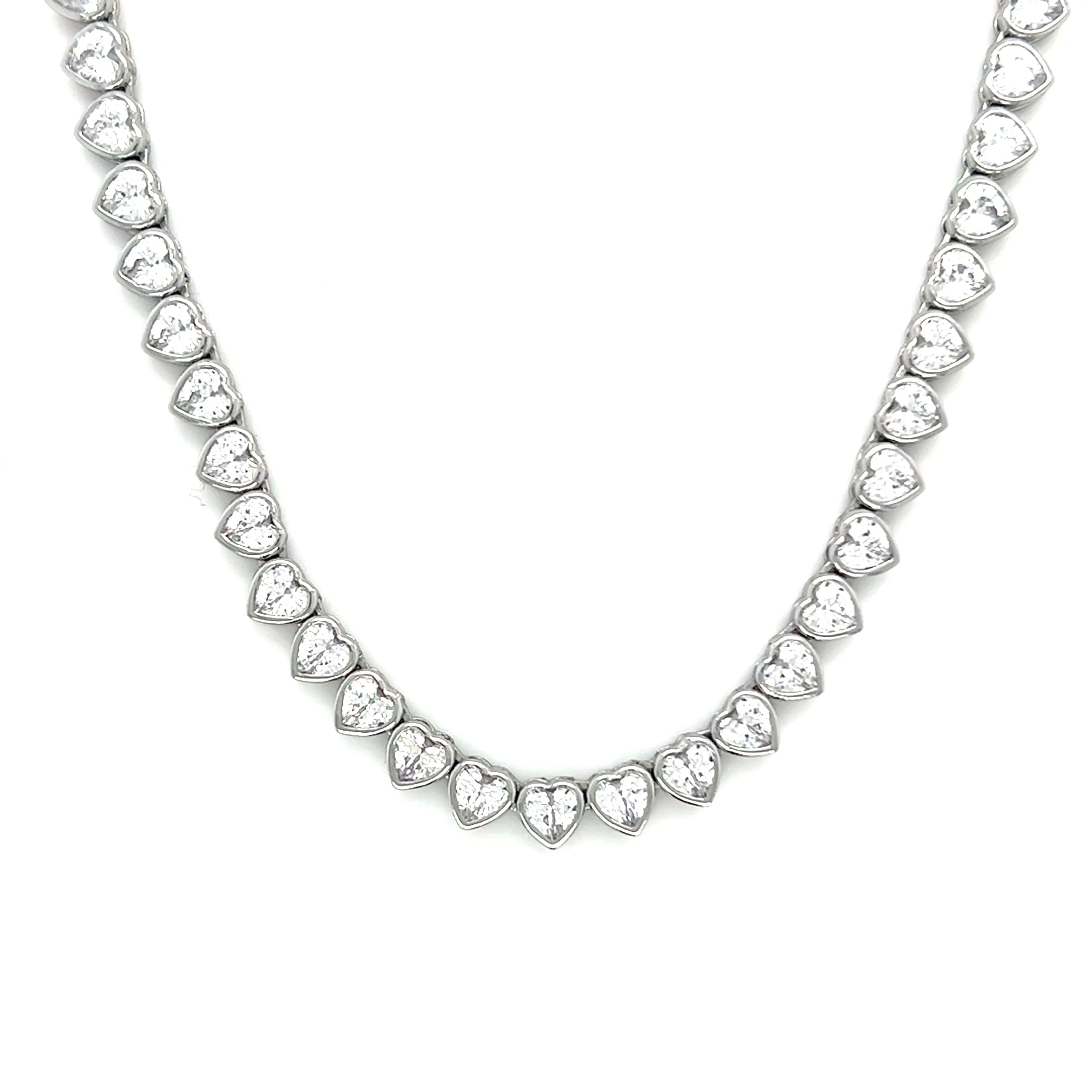 White CZ Bezel Heart Tennis Necklace