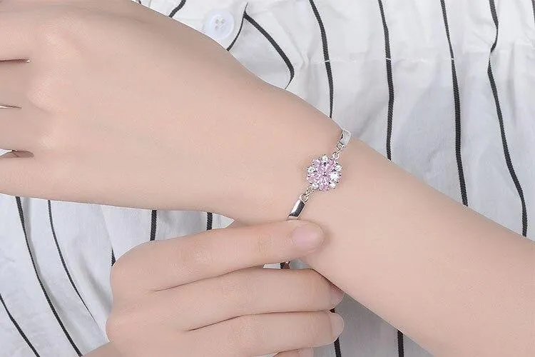 Woman Clear Crystal Luminous Pink Flower Bracelet