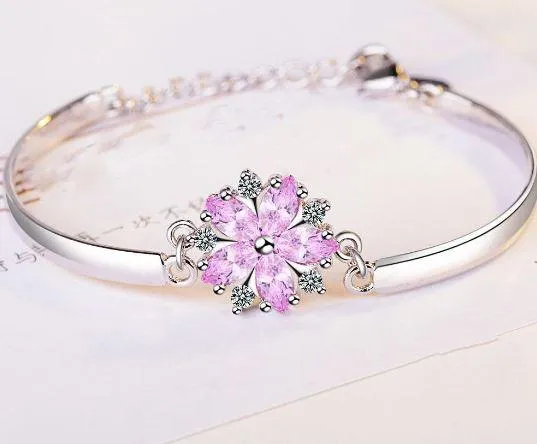 Woman Clear Crystal Luminous Pink Flower Bracelet