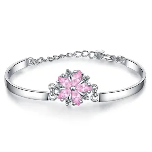 Woman Clear Crystal Luminous Pink Flower Bracelet