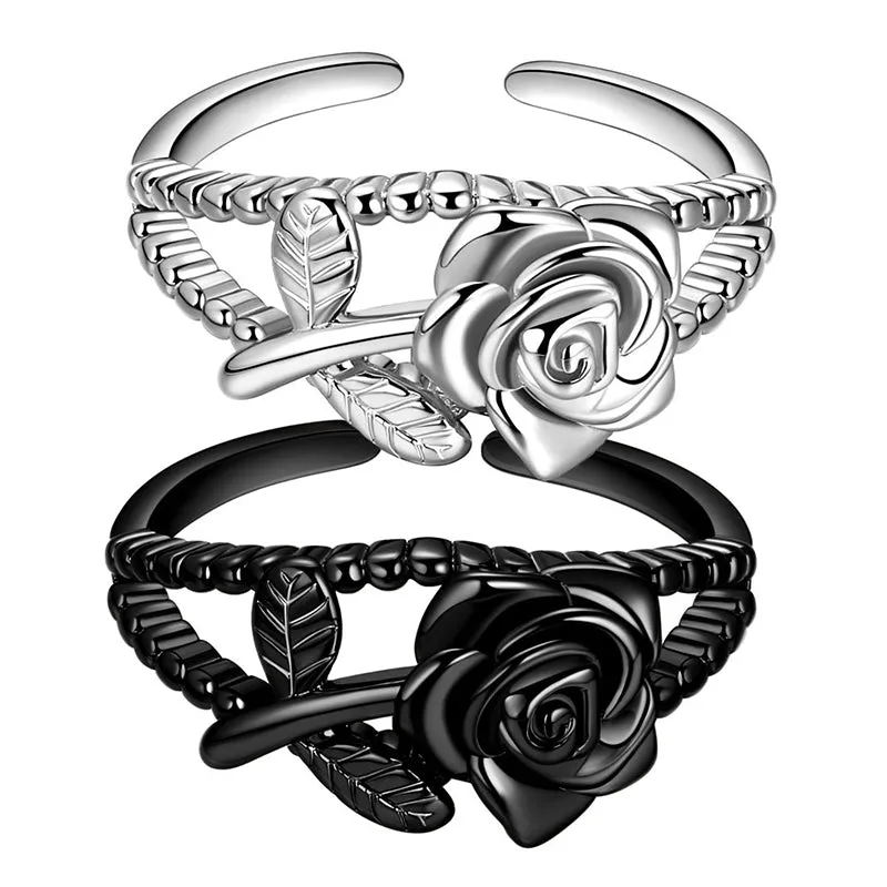 Women Rose Rings 3D Flower Gothic Vintage Ring Grils Romantic Jewelry Gifts