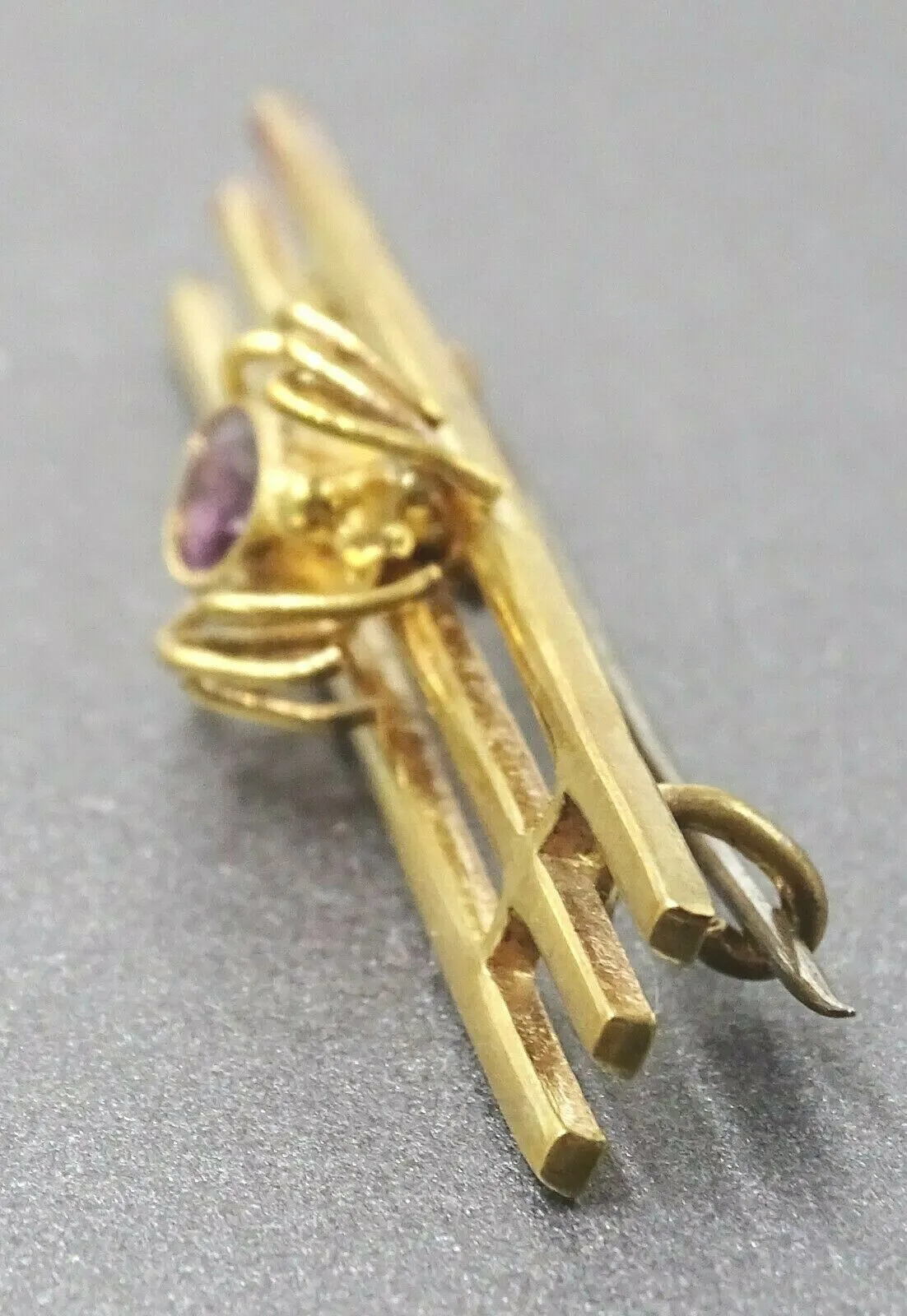 Womens Brooch Yellow Gold Plated Purple Amethyst Spider Bar Vintage Collectable