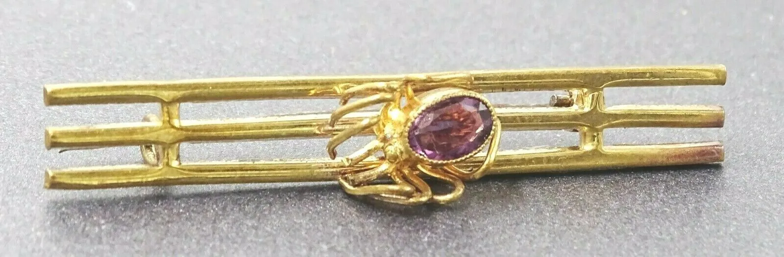 Womens Brooch Yellow Gold Plated Purple Amethyst Spider Bar Vintage Collectable