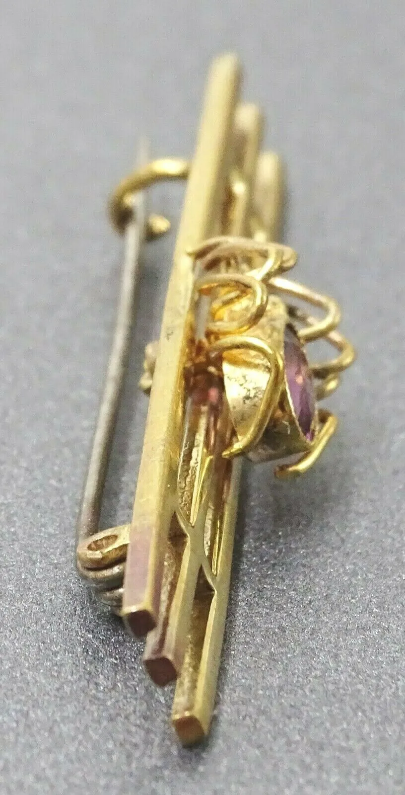 Womens Brooch Yellow Gold Plated Purple Amethyst Spider Bar Vintage Collectable